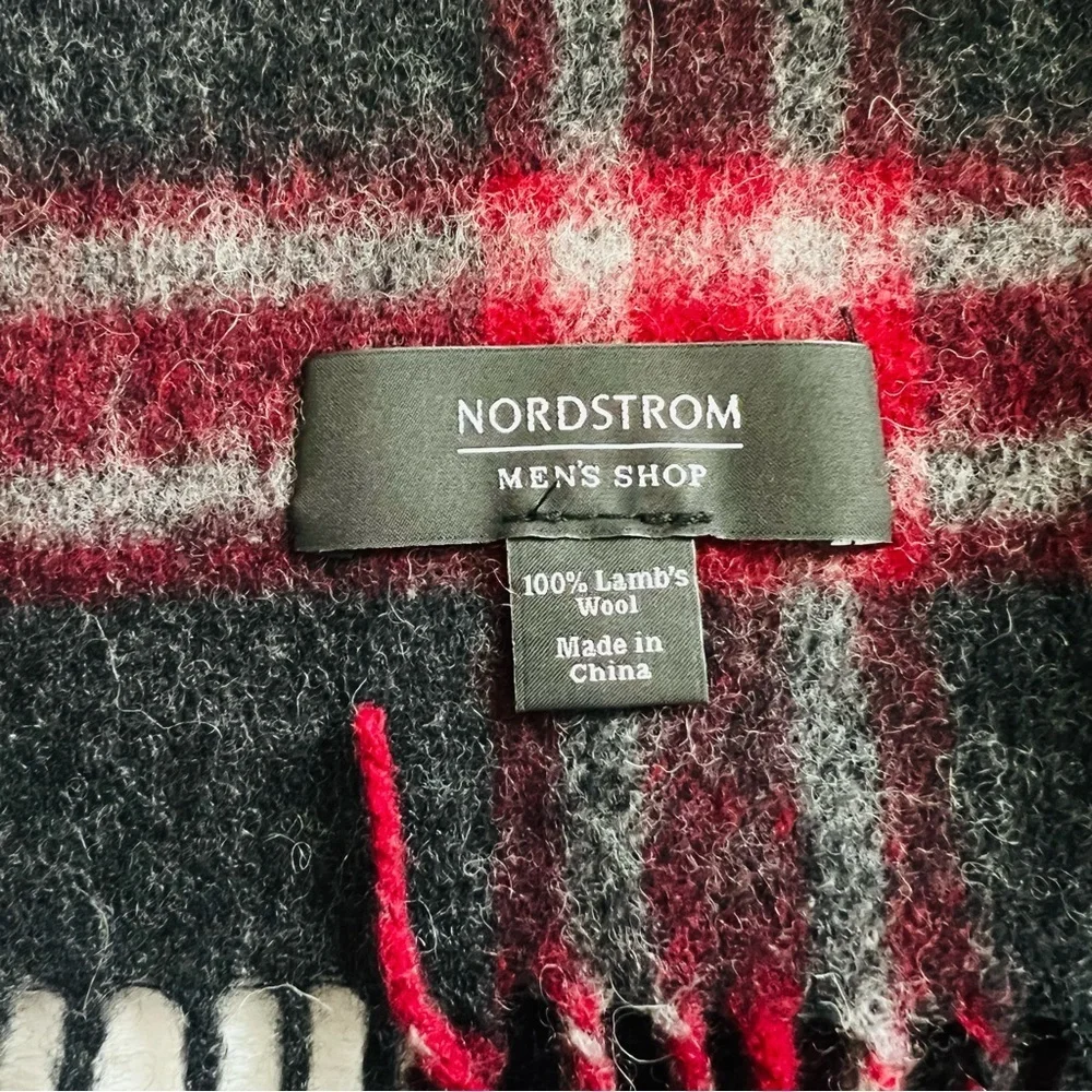 Nordstrom Men’s 100% Wool Plaid Red/Grey Scarf 72”x12” new no tag.
